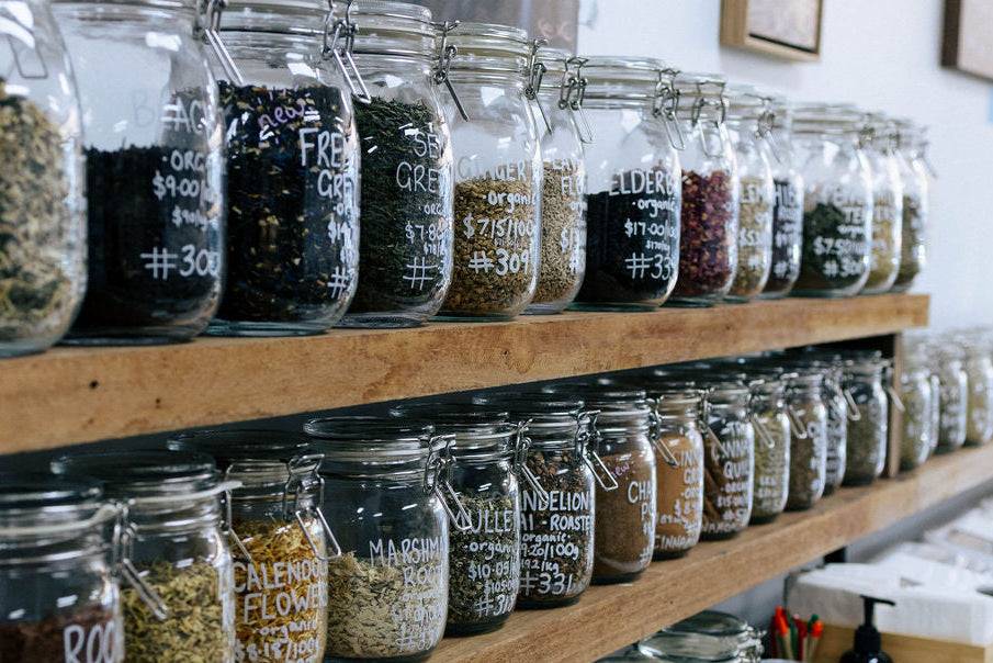 Organic herbs and spices in glass jars | oregano, basil, turmeric, and more |  Sunshine Coast Wholefoods 