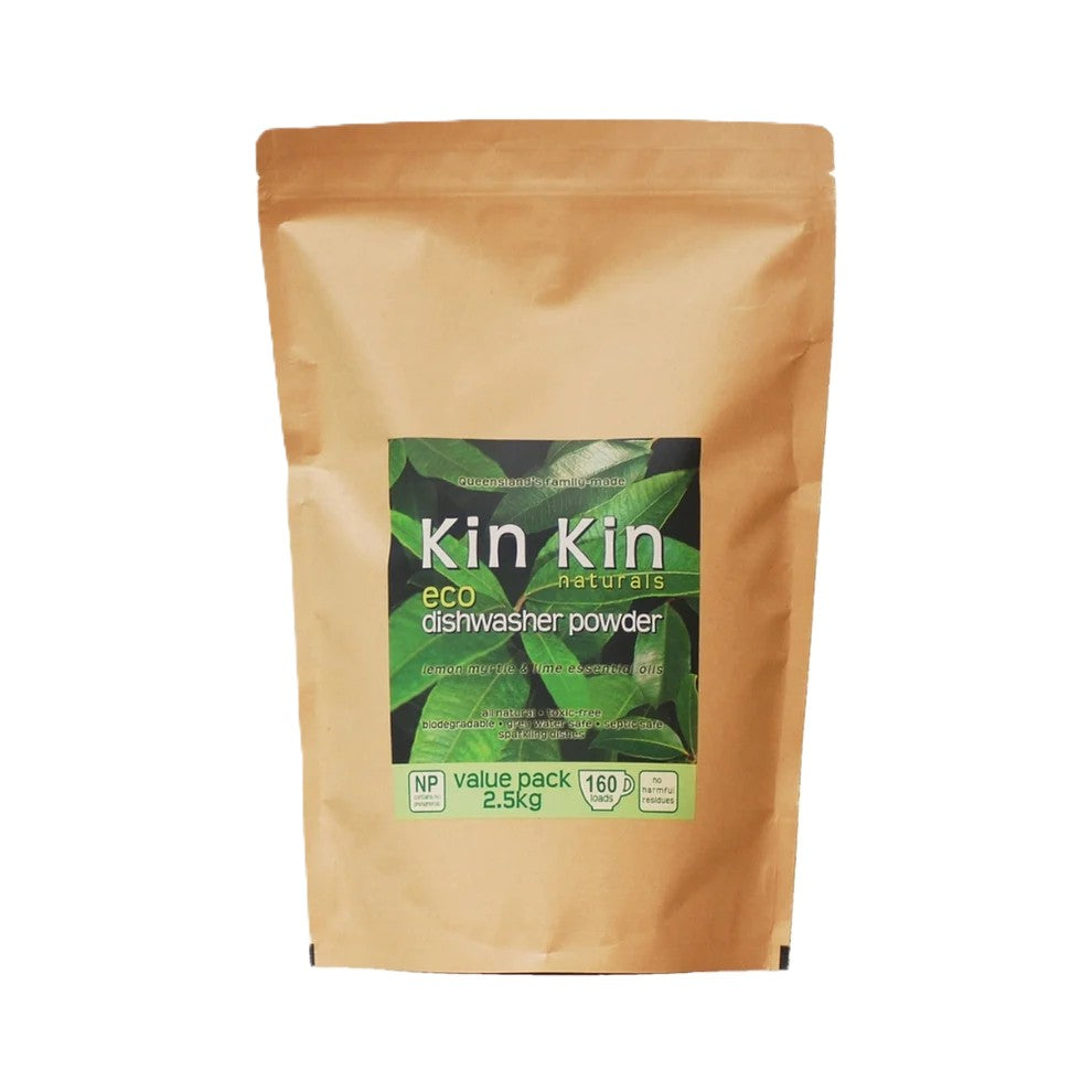 Kin Kin Naturals eco dishwasher powder packaging on a white background