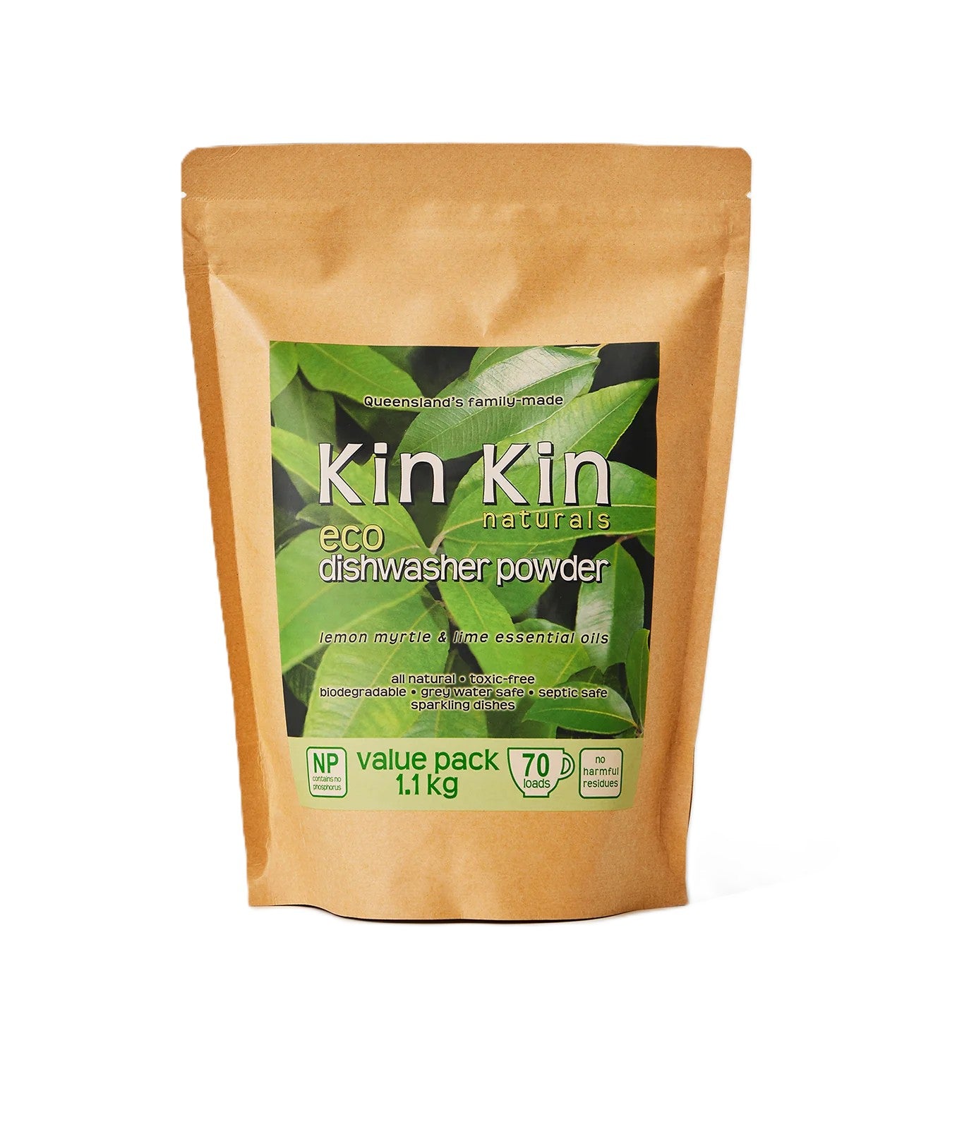 Kin Kin Naturals eco dishwasher powder packaging on a white background