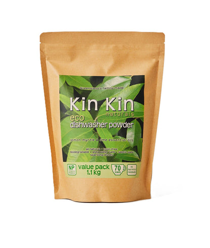 Kin Kin Naturals eco dishwasher powder packaging on a white background